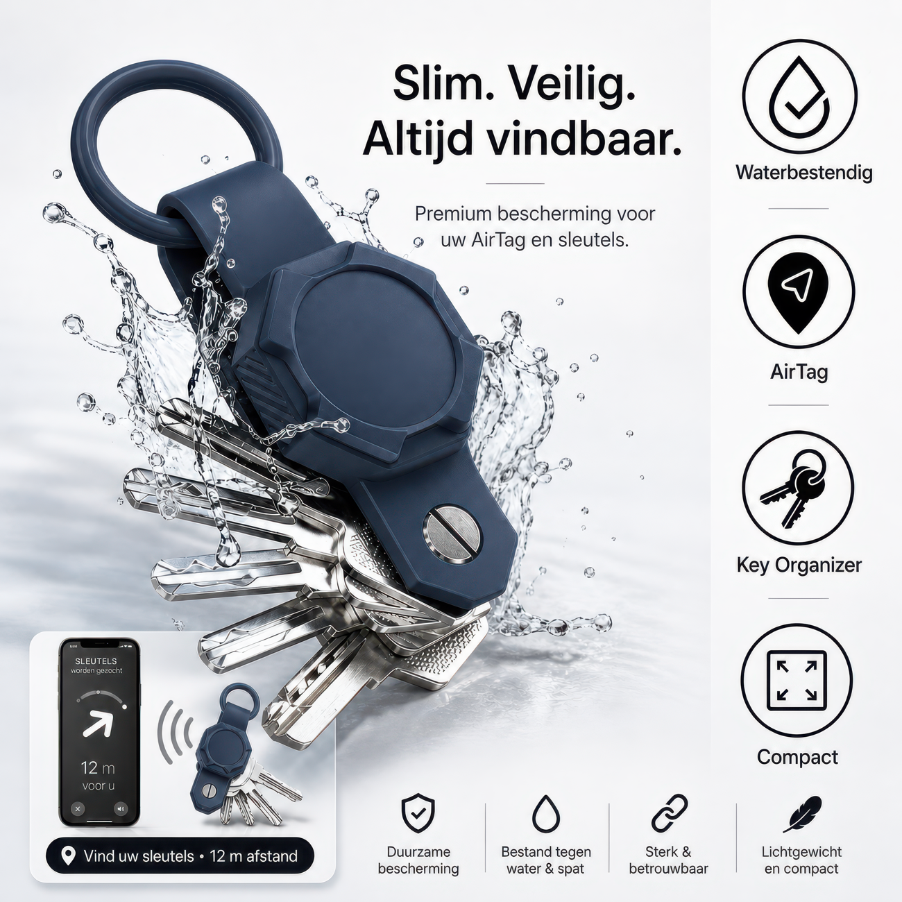 KeyAmor blue AirTag key organizer shown with keys and product feature icons