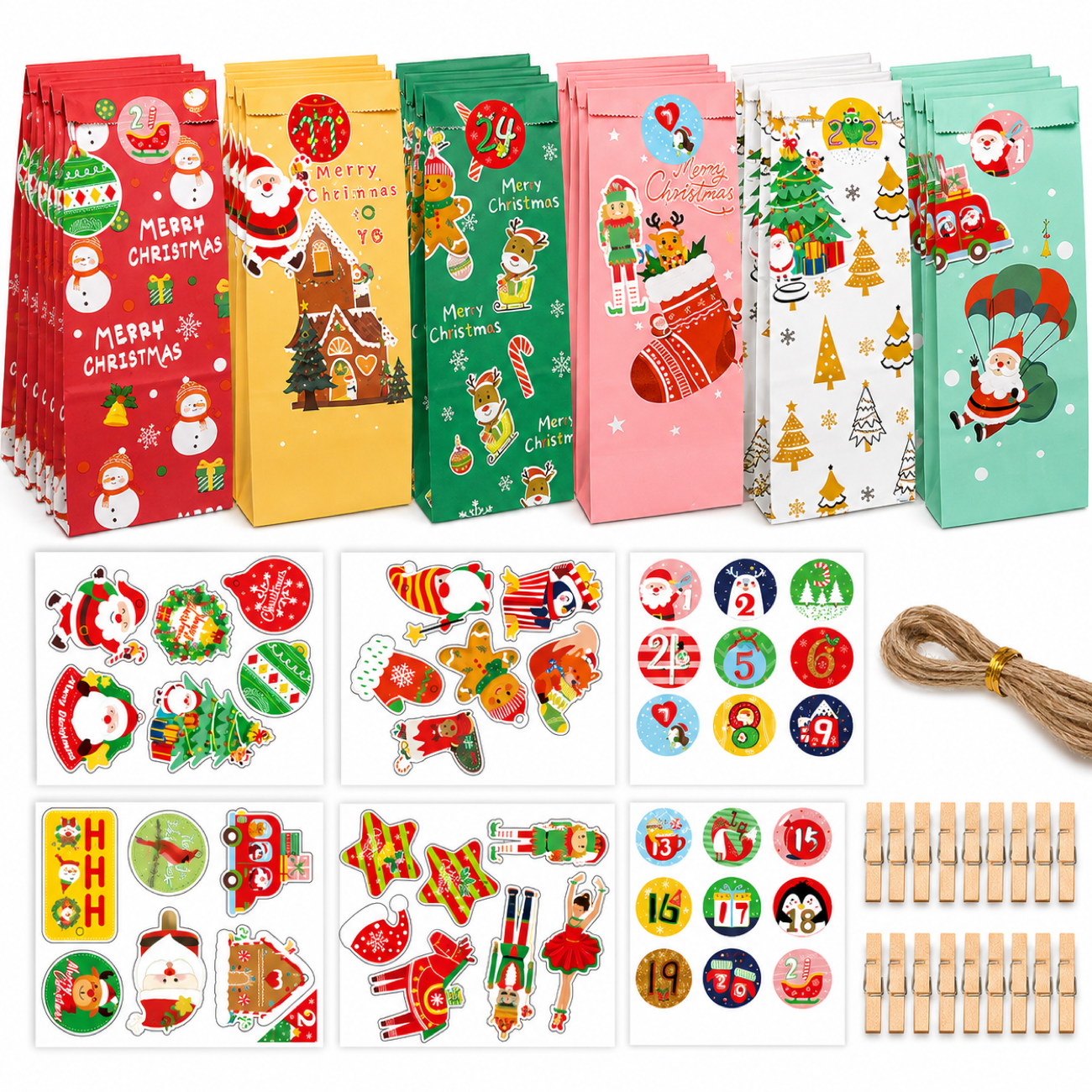 Christmas paper gift bags with stickers, number stickers, clips, and twine
