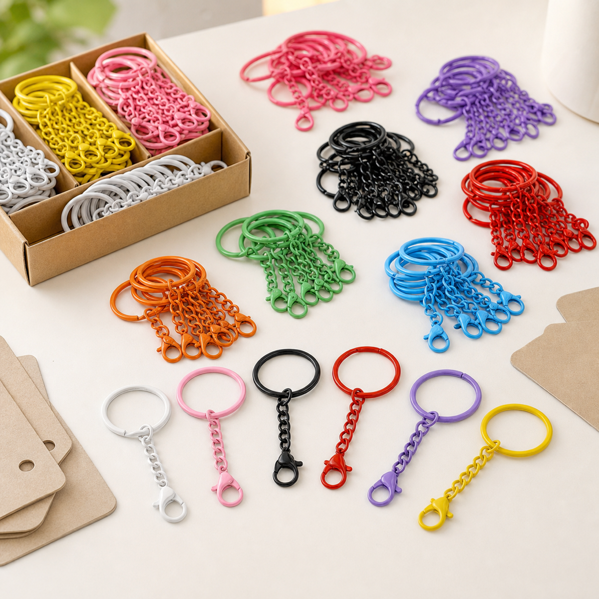 Colored KeyAmor keyrings sorted on a craft table with packaging trays