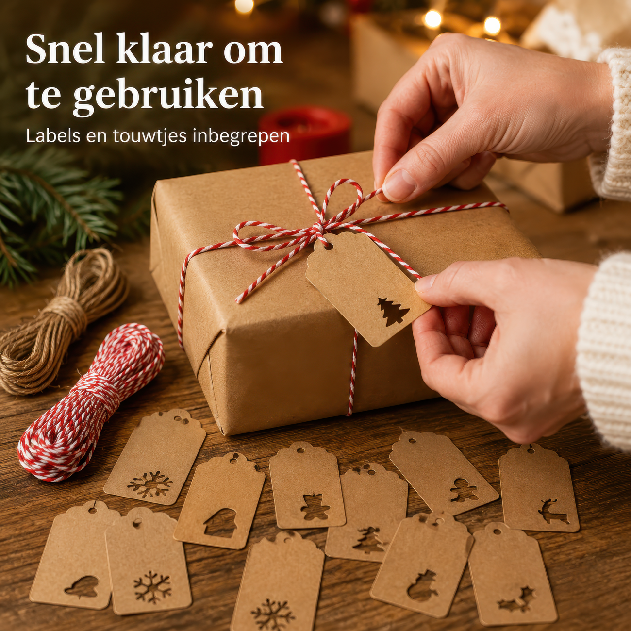 Kraft Christmas labels and red-white twine being tied to gift packaging