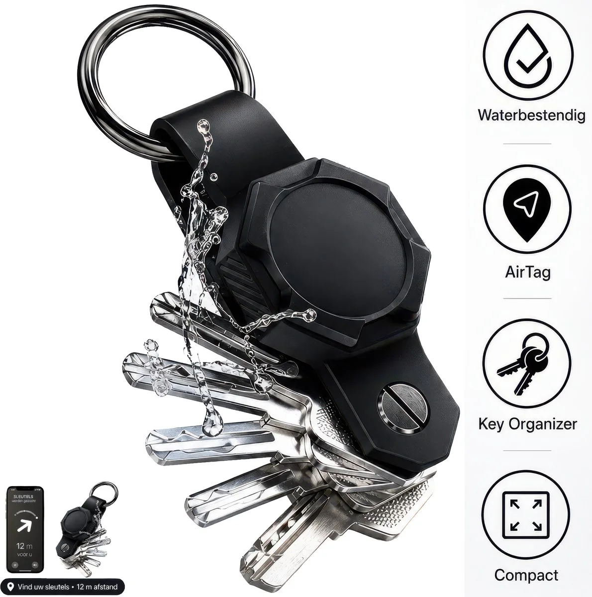 Zwarte KeyAmor sleutelorganizer met trackerhouder en sleutels