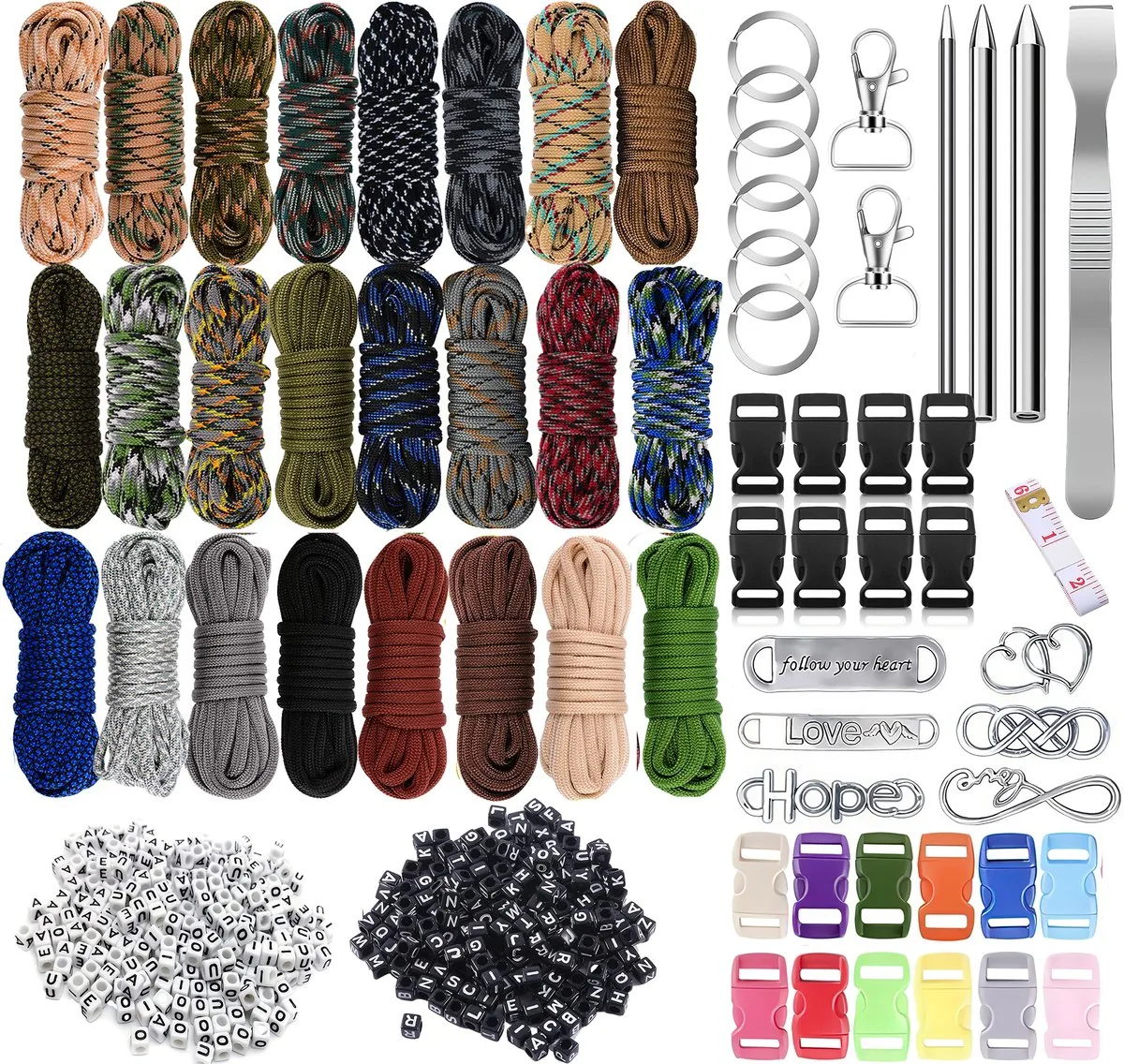 Complete paracordset met koorden in 24 kleuren, gespen, ringen en gereedschap