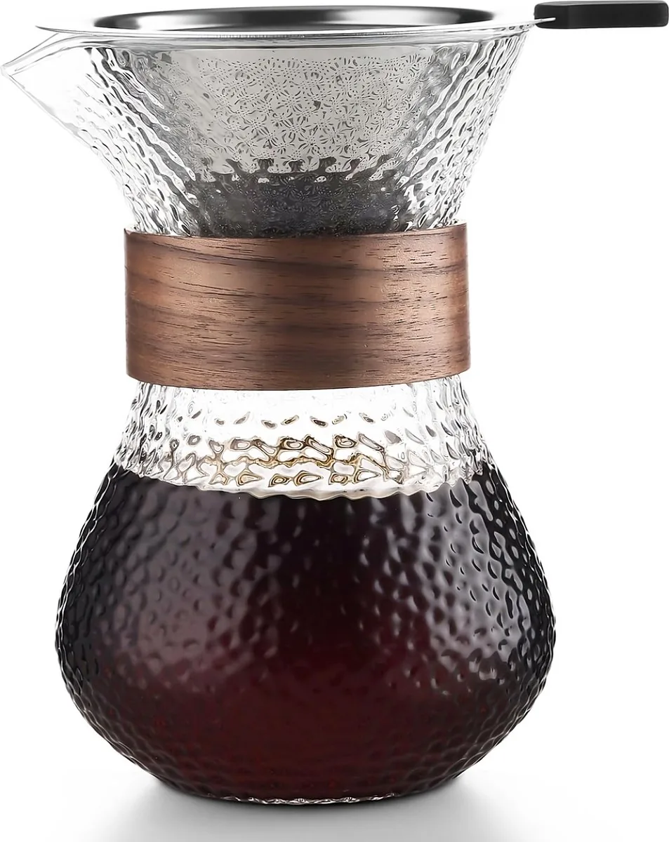 Glazen pour-over koffiepot met permanent metalen filter en houten band