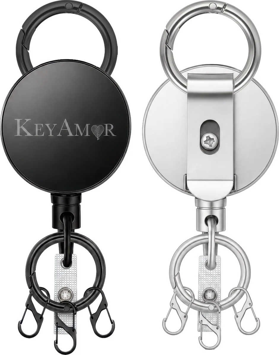Twee ronde KeyAmor uittrekbare sleutelhouders in zwart en zilver met clips